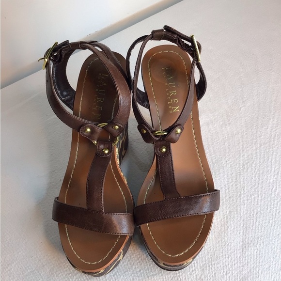 Ralph Lauren Brown Leather Sandals with Wedge Heel Women’s Size 5 - Picture 2 of 9